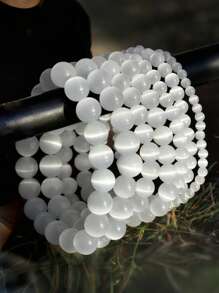 1pc Smooth Cat Eye Stone Beaded Bracelet For Women & Men, Multilayer Stacked Moonstone Bracelet, Suitable Couple Gift