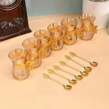 1 Set Of 6 Cups, 6 Saucers, 6 Spoons Gold Coffee Cup Set, Household Red Tea Green Tea Coffee Cups And Dessert Plates Glass Set, Suitable For Gatherings, Weddings, Daily Parties And Holidays Back To School