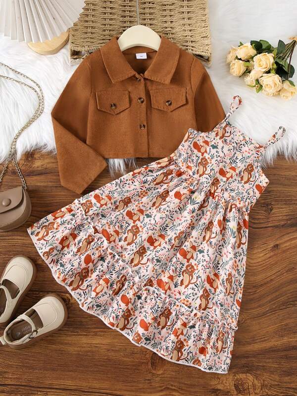 Vestido sin mangas con estampado de animales encantador para niña + chaqueta corta con botones marrones - Cómodo y de moda, adecuado para vacaciones, reuniones y fiestas