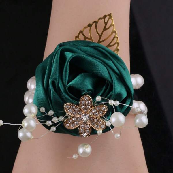 1pc/5pcs Rhinestone Satin Rose Wristband Flower, Bride Bridesmaid Party Wrist Corsage Decor