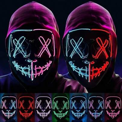 万圣节LED面具，“人类清除计划”主题面具，3种灯光模式，恐怖尖叫面具，适合节日角色扮演