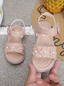 1 Pasang Sandal Kasual Musim Panas Anak Perempuan, Model Terbuka, dengan Hiasan Bunga dan Mutiara, Perekat Velcro, Sol Lembut, dan Datar - Dusty Pink - View 4