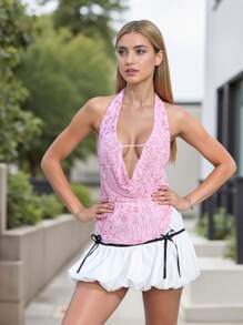 Women's Halter Neck Vest Summer Sleeveless Open Back Fashionable Sequins Flower Tank Tops