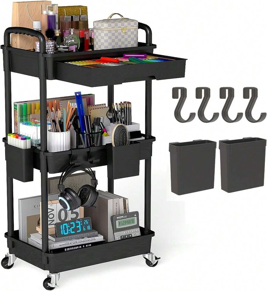3 Tier Rolling Storage Cart With Drawers Rolling Utility Cart With Drawers,Room Decor,Bathroom Decor,Rolling Utility Cart Rolling Storage Organizer Tool For Kitchen,Bathroom,Living Room,Office Outdoor Decor - 黑色 - 查看 1