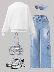 Tween Girl Letter Graphic Print Crew Neck Long Sleeve Top And Cargo Pocket Denim Pants - White - View 2