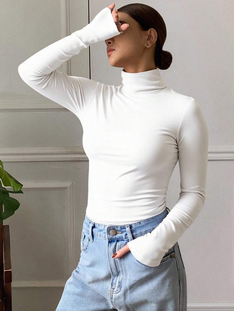 Livesso Women's Turtle Neck Ruched Long Sleeve T-Shirt - White - View 1