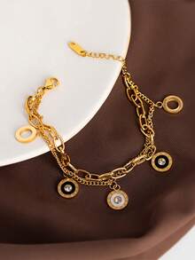 RAYQUEEN 1pc Stainless Steel Gold Color Layered Shell Bracelet, Luxury Rhinestone Inlaid, Minimalist Design Jewelry, Suitable For Daily Wear - Yellow Gold - View 3