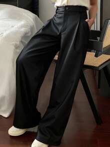 Livesso 女式简约纯色 PU 皮革阔腿裤，秋季休闲日常穿着