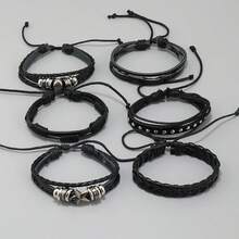 6pcs Punk Style Skull & Pentagram Handmade Leather Wristbands For Men - Black - View 6