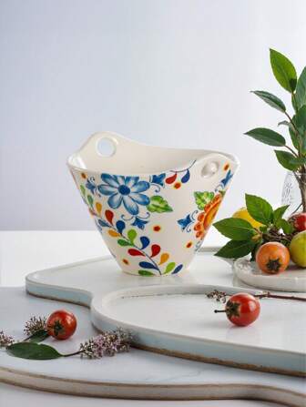 1pc 680ml Large Capacity Double-Eared Wide-Mouth Narrow-Bottom Underglaze Ceramic Ramen Bowl, Creative Rural Style Multicolor Painting Design, Suitable For Home Daily Dining, Gathering Meals, Restaurant Supplies, Heat Resistant, Easy To Clean