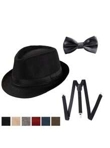 3 pièces Ensemble rétro de chapeaux en feutre doux de style années 1920 Accessoires convenant pour le bal, le dîner, le spectacle, la scène, la fête, le chapeau en feutre doux à la mode, le nœud papillon, les bretelles pour Halloween
