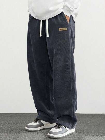Men's Corduroy Casual Straight Leg Pants, Personalized Printed Loose Simple Versatile Sweatpants For Spring & Autumn