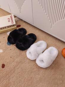 女童蓬松毛绒内衬拖鞋，厚底室内鞋，时尚简约秋冬拖鞋 - 白色 - 查看 5