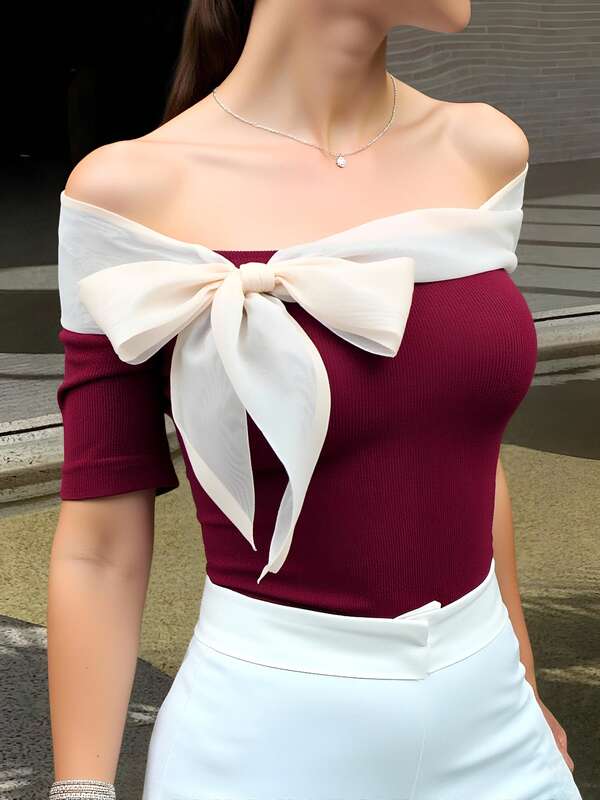Livesso Women's Open Shoulder Bodycon Short Sleeve T-Shirt With Color Blocking & Bow Decor ,New Year Eve Summer