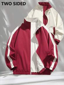 Men's Jacket, Autumn/Winter Men's Stand Collar Windbreaker Reversible Jacket, Color Block Casual Jacket, Campus Style Outerwear - Red - View 1