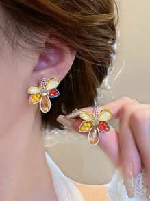 1 Pair Alloy Faux Jade Bead Flower Stud Earrings, Gift For Ladies For Parties And Dates