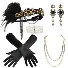 1920s Flapper Lady Full Set! Feather & Rhinestone Headband + Geometric Rhinestone Earrings + Faux Pearl Necklace + White Gloves, Immersive Retro Jazz Party Glamour Halloween
