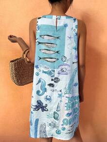 海星热带沙丁鱼海洋世界字母印花连衣裙，时尚度假休闲沙滩装，春夏款