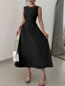 2025 Frühling/Sommer Neuer Europäischer & Amerikanischer Stil Einfarbiges Kleid mit Schnürung in Taille, elegantes Knielanges Kleid, Damen Ärmellos Hoch Tailliert A-Linie Kleid, Rundhalsausschnitt, feminin, geeignet für Alltag und Büro - Schwarz - Übersicht 5