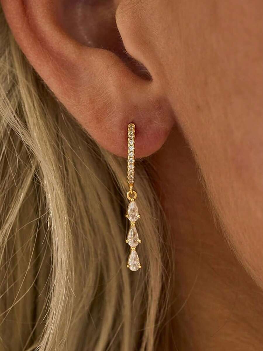 女士垂坠耳环，学院风圣诞礼物，精致金色耳环，14K金水滴耳环，低过敏长款金色耳环，小巧正式舞会耳环，防水时尚女士首饰 - 金色 - 查看 1