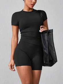Women's Simple Solid Color Short Sleeve Shorts Sports Suit Black Summer - 黑色 - 查看 7