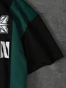 Casual Pullover Short Sleeve Plus Size Polo Shirt For Men, Summer, Letter Print, Striped Color Block, College Style, Plus Size Design - Dark Green - View 5