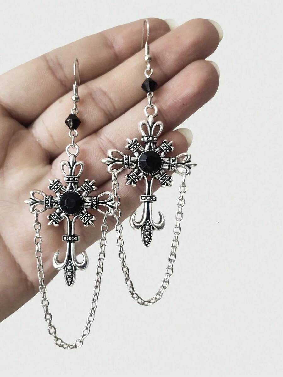 黑暗哥特风格十字水晶十字架吊坠耳环，个性化设计 Y2K 风格女性