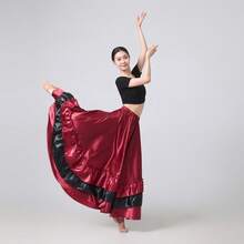 1pc Wine Red & Black Contrast Color Full Circle Hem Dress, Women's Belly Dance Flowy Bohemian Style Satin Lightweight Summer Beach Party Gown, Elegant A-Line Skirt Spring - Burgundy - View 6