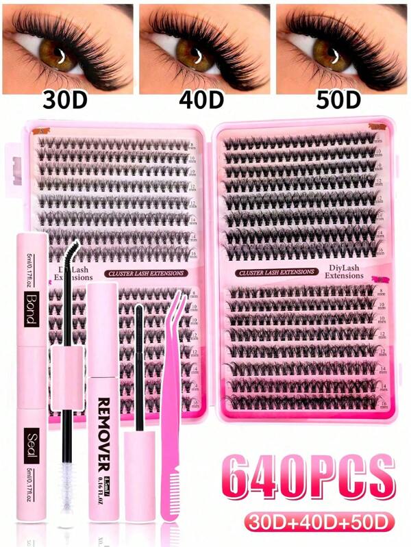 640 Stück Wimpernverlängerungs-Set, Wimpernverlängerungs-Set zum Selbermachen mit Einzelwimpern Cluster D-Krümmung, Wimperncluster mit Wimpernkleber, Wimpernentferner und Versiegelung sowie Wimpernapplikator Pinsel für Anwendung zu Hause (30D-40D-50D)