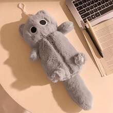 Back To School - Essential Gray Fluffy Kitten Pencil Case, High-Quality Cute Desktop Large Capacity Student Stationery Pouch - Multicolor - View 2
