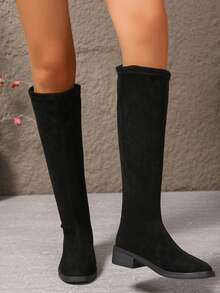 女士圆头黑色绒面及膝靴，2025 年秋冬必备新品，弹力纤细高筒靴，柔软舒适的衬里 - 黑色 - 查看 4