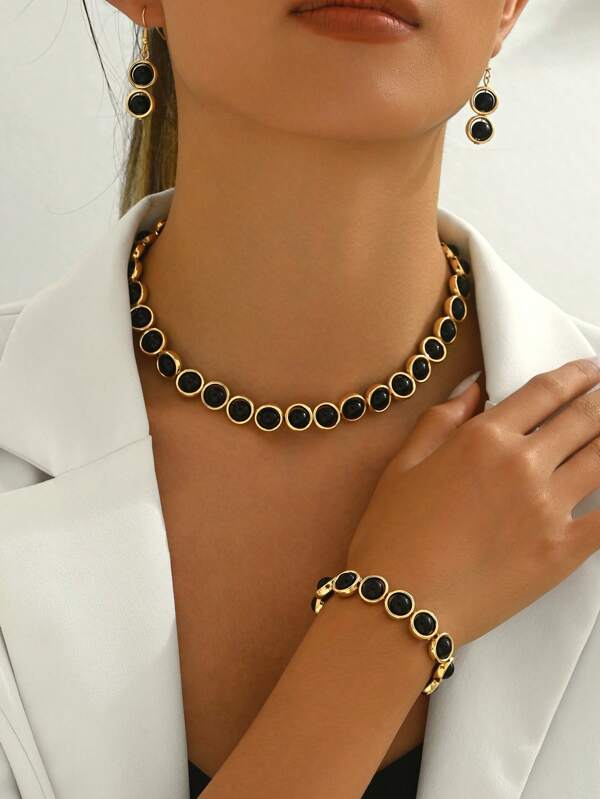 Conjunto de 4 piezas de elegante y de moda nuevo juego de joyas con collar, pulsera y aretes con piedras preciosas redondas para mujeres, perfecto para fiestas y reuniones, versátil y llamativo