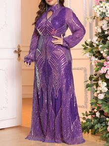Plus Size Women Long Sleeve Sequin V-Neck Formal Evening Gown Dress (Non-Placement Floral) - Purple - View 3