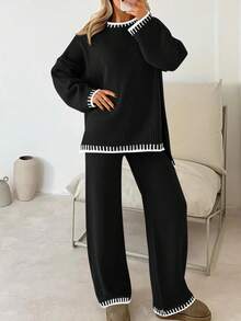 2 Stücke Damen Farbblock Pullover Set, Langarm Rundhals Pullover Top und Hose, Damen Lässig Loungewear Set für Herbst/Winter