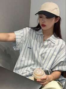 Stripe Print Short Sleeve Loose Casual Shacket - Blue - View 5