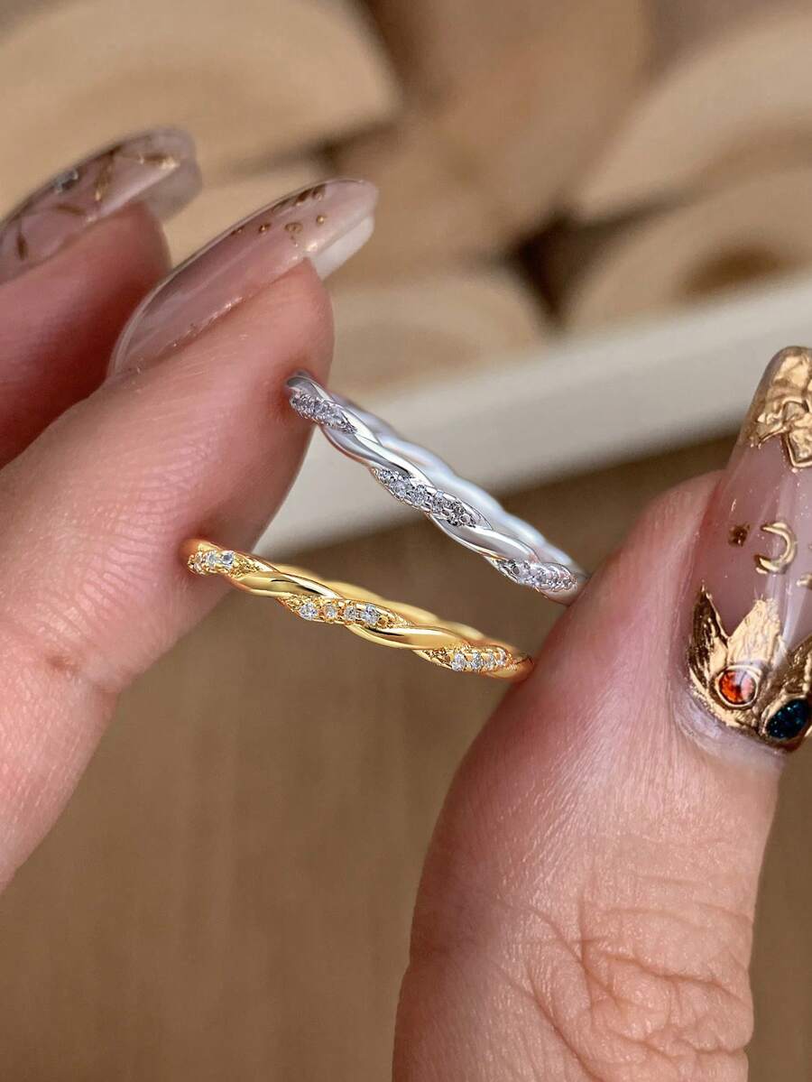 1 件满天星实心戒指铂金情侣对戒 S925 纯银欧美风格精美珠宝礼物 - 線條麻花扭紋 - 查看 1