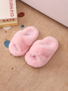 Girls Fluffy Faux Fur Slippers, Comfortable Thick Sole Indoor Shoes, Fashion Simple Slip-Ons For Autumn/Winter