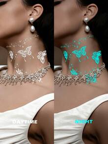 Glow-In-The-Dark Temporary Tattoo Stickers, Featuring Blue Glow-In-The-Dark And White Butterfly Floral Star And Moon Sparkling Patterns. Romantic Valentine's Day Temporary Fake Tattoos, Suitable For Wrists, Ankles, Shoulders, Necks, Collarbones, DIY Carnivals, Valentine's Day, Party Gifts. Body Skin Waterproof Realistic Tattoo Stickers. - Multicolor - View 2