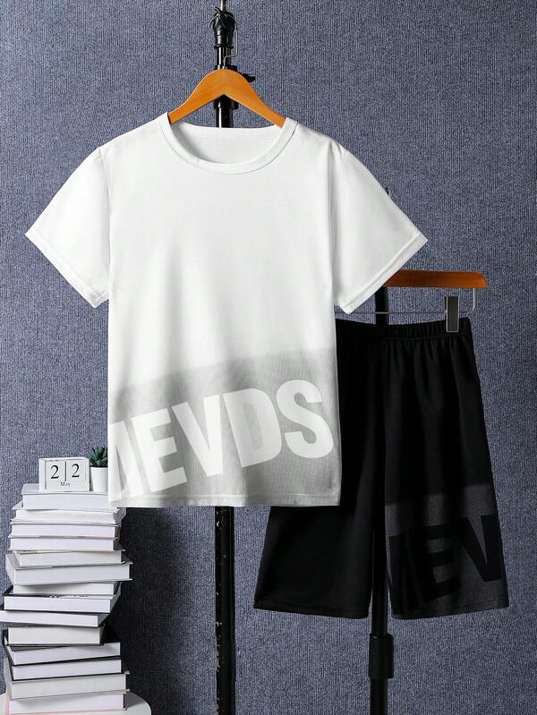2pcs/Set Teenager Boys Sports Outfit, Short Sleeve T-Shirt Top And Running Shorts Set