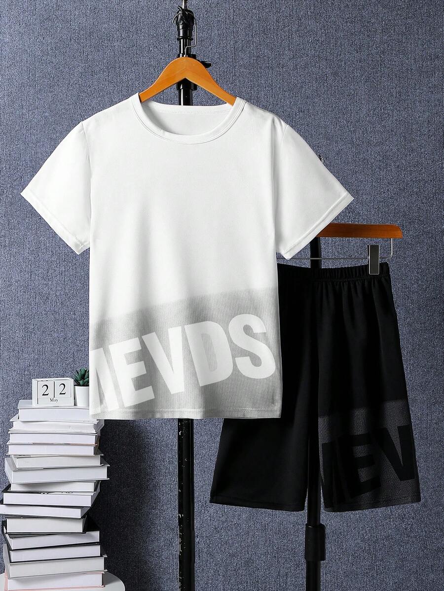 2 pièces/Set Tenue de sport pour adolescents garçons, t-shirt à manches courtes et short de course - Noir et Blanc - Voir 1