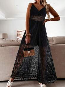 Scacto Women's Summer Elegant Lace Jumpsuit - V-Neck Sleeveless Romper With Intricate Detailing - màu đen - Xem 4