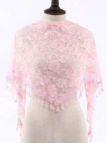 1件装女士纯色镂空蕾丝玫瑰花卉印花流苏围巾，时尚百搭三角披肩，透气防晒头巾，可搭配连衣裙