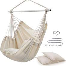 Hammock Chair Swing (500 Lbs Max) - Hanging Hammock Chair Rope Swing Indoor Hammock Chair,Outdoor Furniture,Swing Chair For Room,Amaca Para Adultos,Hamacas Para Adultos,Columpio Para Patio,Swing Sets Backyard, Patio Furniture Set For Bedroom, Outdoor, Patio, Bedroom, Porch, Deck - Sturdy Steel Bar With Anti-Slip Safety Rings - 米色帶2個墊子 - 查看 10