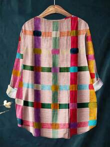 Blusa informal de lino tipo vintage con estampado de cuadros de colores, cuello en V, transpirable, para mujeres talla grande, color rosa, primavera - Rosa - Ver 2