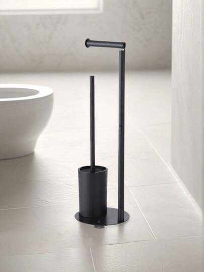 Suporte para papel higiênico com compartimento para rolo extra, inclui escova sanitária, suporte independente para rolo de papel higiênico, operação conveniente, base com peso, suporte multifuncional para papel higiênico (preto, com compartimento)