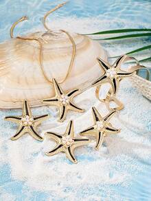 5 件套时尚海滩风格珍珠釉海星吊坠项链、开口手镯、戒指、海星耳环、休闲夏威夷百搭女士礼品套装 - 金黃色 - 查看 9