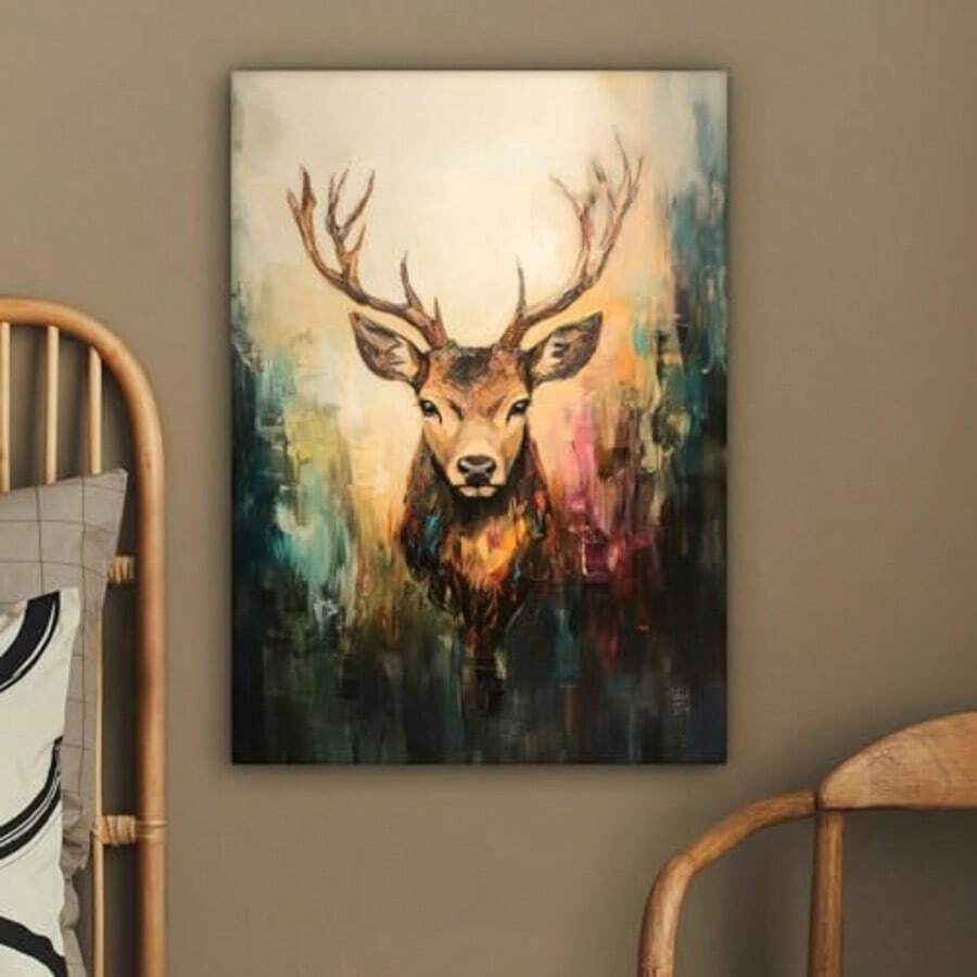 MuchoWow© Tablouri pe pânză Decorațiune murală Tablouri pentru perete Decorare dormitor Pictură pe pânză Decorațiune murală Living Cameră cu cerb pictat Coarne maro