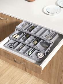 Living And Home Expandable Drawer Organizer (15*25*4.5-6.8cm) - Multi-Tier PP Storage Tray With Adhesive & Screws - Grey 3 Tiers - View 3