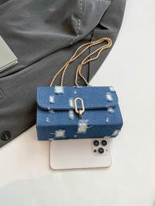 复古时尚豹纹迷你方形包，带翻盖开口，金属双链单肩包，可调节为斜挎包，适合女性日常和学生休闲使用 - 藍色 - 查看 7