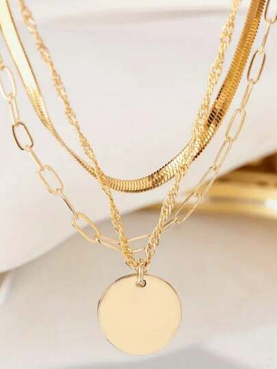 3 Sets Of Stainless Steel Three-Layer Metal Sein Pendant Necklace Women's Simple Knife Chain Premium Clavicle Chain Suitable For Women's Daily Wear (Chain Link Number Is Random)